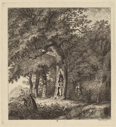 Skovklædt landskab med en nymfe og en satyr, 1764. af Salomon Gessner