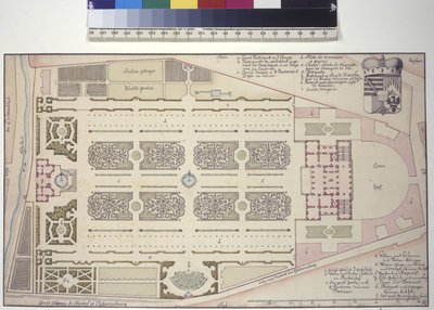 Hele siden: Liechtensteins haveslot - grundplan (tegning med pen og blæk) af Salomon Kleiner