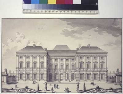 Helside: Forsiden af havefacaden på Liechtenstein-paladset i Rossau (tuschtegning) af Salomon Kleiner