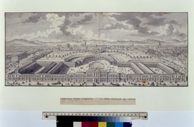 Helside: stort fugleperspektiv af de kejserlige stalde mod forstæderne (pen, pensel og blæk) af Salomon Kleiner