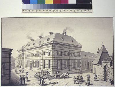 Helside: skråt billede af orangeriet, der tidligere lå over for Liechtensteins haveslot i Rossau (tuschtegning) af Salomon Kleiner