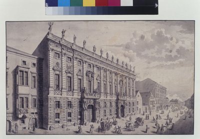 Helside: skråt billede af prins Eugen af Savoyens bypalads i Himmelpfortgasse (pen, pensel og blæk) af Salomon Kleiner