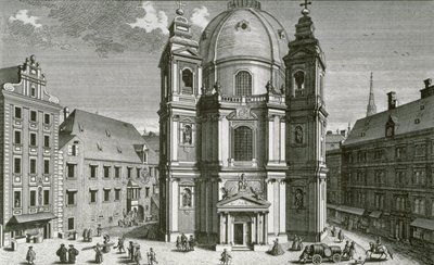 Udsigt over Peterskirche, Wien indgraveret af Johann Bernard Hattinger af Salomon Kleiner