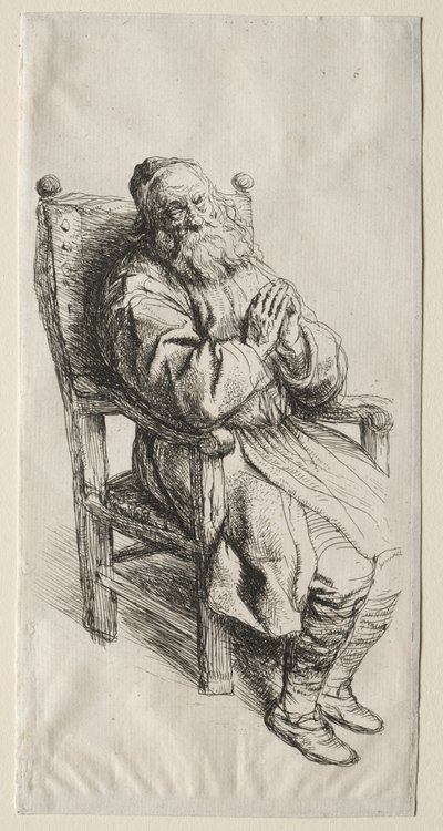 En gammel mand i en stol, der beder af Salomon Koninck