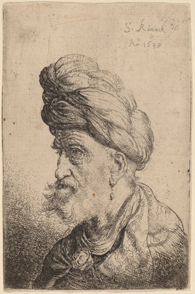 Buste af en mand med en turban vendt mod venstre af Salomon Koninck
