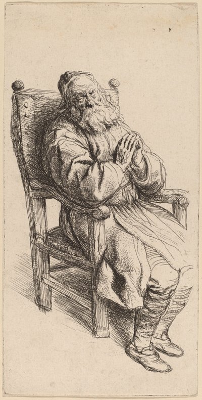 Gammel mand sover i en lænestol af Salomon Koninck