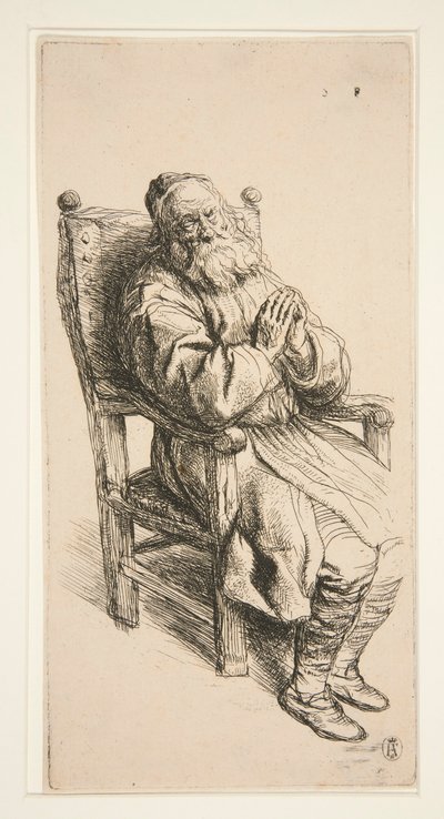 Gammel mand sover i en lænestol af Salomon Koninck