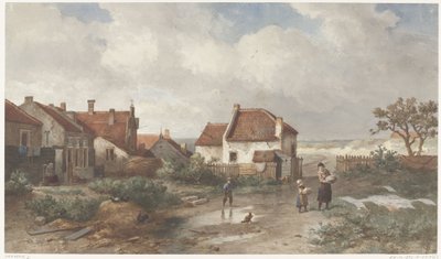Huse i udkanten af en landsby i klitterne af Salomon Leonardus Verveer