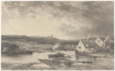 Flodlandskab med nogle huse og en vandmølle af Salomon Leonardus Verveer