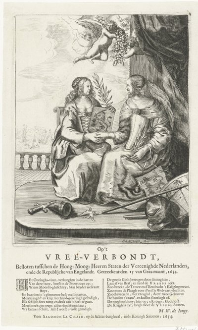 Frase til freden i Westminster, 1654 Paa Vree-Verbondt, Lukket mellem det Høje: Moog: Heeren Staten der Vereenighde Nederland, ende Republikcke van Englandt. Geteeckent den 15 van Gras-maant, 1654 (titel på objekt) af Salomon Pietersz. Lachair