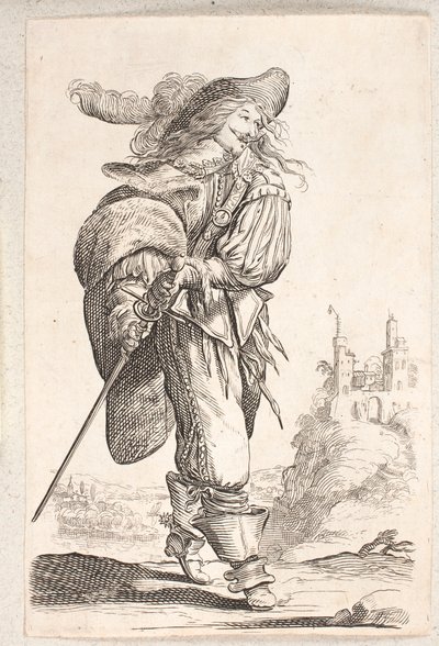 Gående mand, trekvart profil t.h., som griber efter kården ved sin hofte. I baggrunden en borg af Salomon Savery