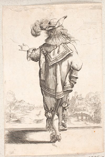 Gående, rygvendt mand med fjerprydet hat, gestikulerende med sin venstre hånd. I baggrunden t.h. en by ved en flod af Salomon Savery