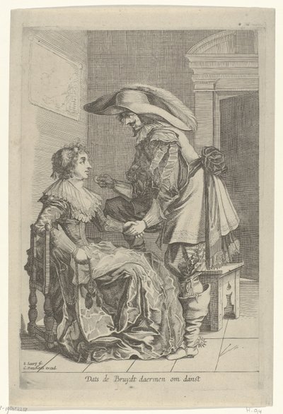 Mand tilbyder en kvinde en mønt Dats de Bruydt daermen om danst (titel på objekt) af Salomon Savery