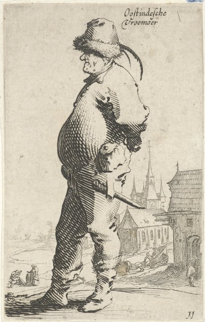 Mand i profil, i baggrunden en kirke og en bygning med et galleri Oostindesche vroemoer (titel på objekt) T