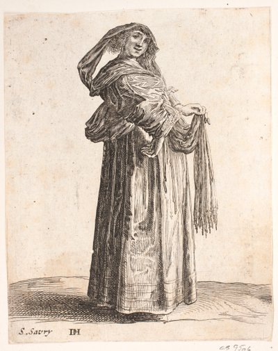 Kvinde, der står i den rigtige profil. Hovedet vendte sig mod foran. Bærer tørklæde i håret af Salomon Savery