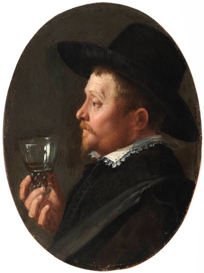 ""Portræt af en mand, der holder et Roemer-glas"" (Man Holding A Roemer) Maleri af Salomon de Bray (1597-1664) Olie på kobber af Salomon de Bray