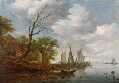 Flodscene med sejlbåde, der losser ved kysten (olie på panel) af Salomon van Ruisdael or Ruysdael