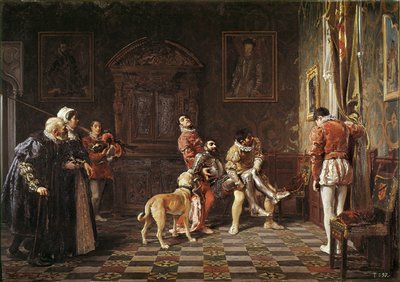 "" Retur af turneringen "" En ung ridder gør ondt bringes tilbage til paladset, understøttet af to sider. Maleri af Salvador Martinez Cubells (1845-1914) 1881 Valencia. Museum for Bellas Artes San Pio af Salvador Martinez Cubells