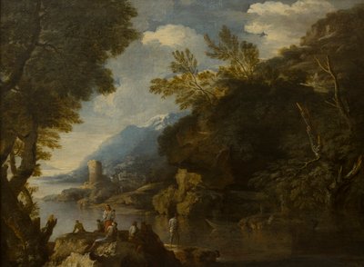 Landskab med figurer og både, ca. 1635-73 (olie på lærred) af Salvator (follower of) Rosa