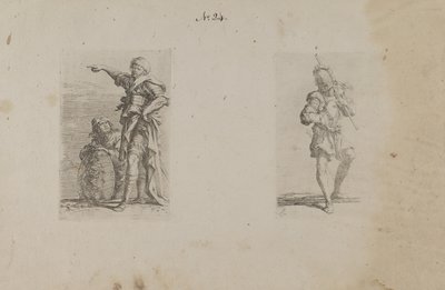 (Figurserie) To mænd, den ene peger til venstre, den anden knæler af Salvator Rosa
