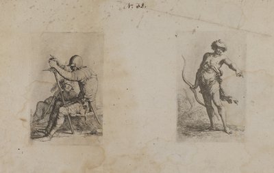 (Figurserie) To siddende mænd, der hver bærer et våben af Salvator Rosa