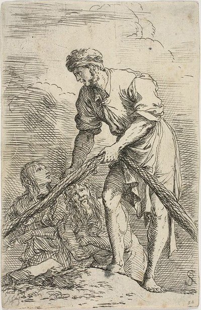 En mand, der trækker et net, med to figurer bag sig, fra Figurine-serien af Salvator Rosa