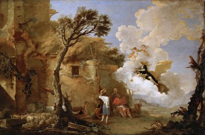 Astree (Astrape) quittant les bergers - The Return of Astraea, af Rosa, Salvatore (1615-1673). Olie på lærred, ca 1640-1645. Mål: 139,5x209 cm. Kunsthistorisk museum, Vienne af Salvator Rosa