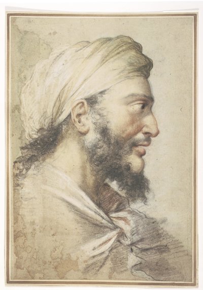Hovedet af en skægget mand i profil til højre iført turban af Salvator Rosa