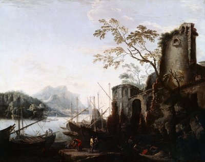 Marinelandskab med tårne med skibe og ruiner (Marine Landskab med tårne), ca. 1645, af Salvator Rosa