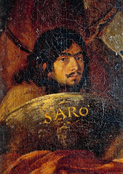 Selvportræt af maleren, detalje fra slaget mellem kristne og tyrkere, af Salvator Rosa (1613-1673), olie på lærred, 234x350 cm af Salvator Rosa