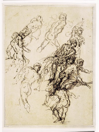 Skitser til mandlige figurer, der bevæger sig kraftigt til højre af Salvator Rosa