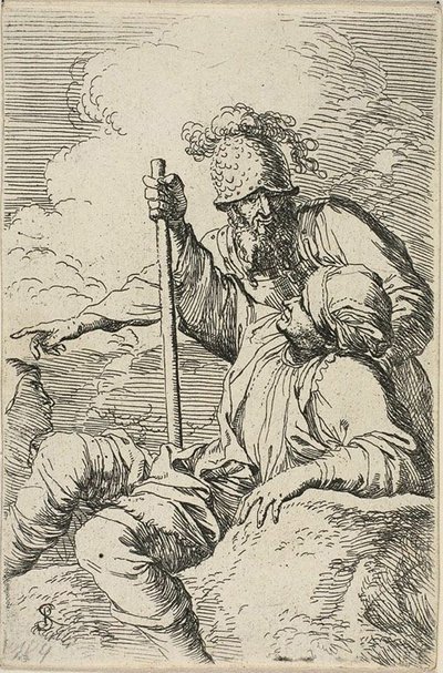Tre krigere, den ene siddende på en klippe i forgrunden med en stav; den anden står bag ham og peger, den tredje set som et ansigt bag dem, fra Figurine-serien af Salvator Rosa