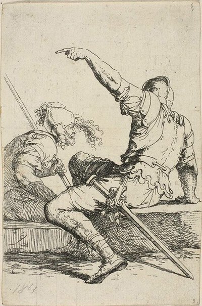 To krigere siddende på lave klipper af Salvator Rosa