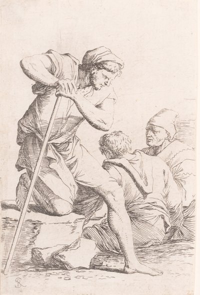 To mænd sidder og en anden mand holder en stav knælende på en sten, fra serien..., ca. 1656-1657. af Salvator Rosa