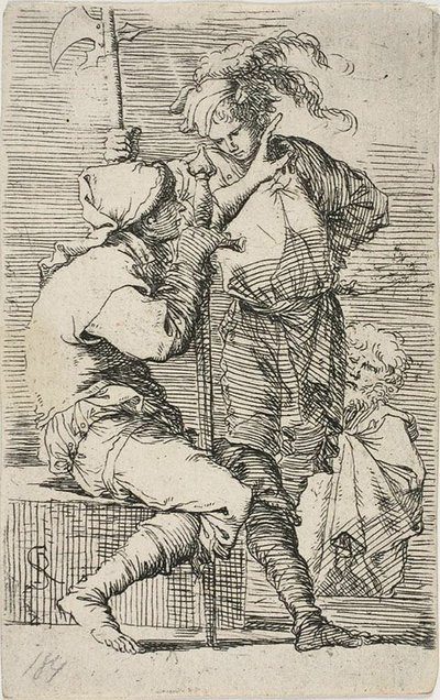To krigere, den ene med et sværd, den anden en hellebard; en gammel skægget mand bag dem, fra Figurine af Salvator Rosa