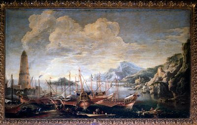 Udsigt over en havn - olie på lærred af Salvator Rosa