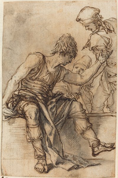 Ungdom sidder på en væg i samtale med to mænd af Salvator Rosa