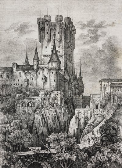 Alcazar af Segovia, Spanien, litografi af Salvatore Puglia fra Poliorama Pittoresco, n 36, 12. april af Salvatore Puglia