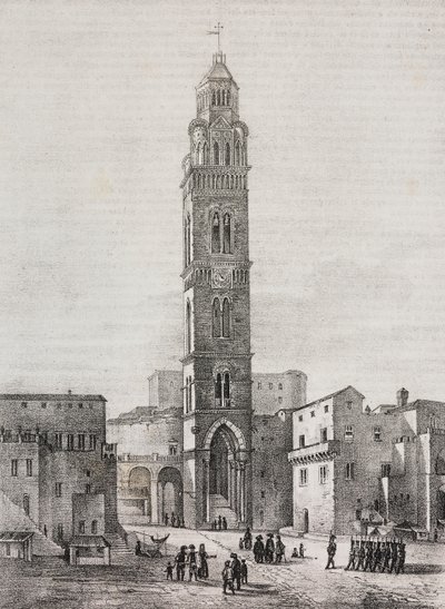 Klokketårn i Gaeta-katedralen, Lazio, Italien, litografi af Salvatore Puglia efter tegning af Pasquale Mattei (1813-1879), fra Poliorama Pittoresco, n 48, 6. juli af Salvatore Puglia