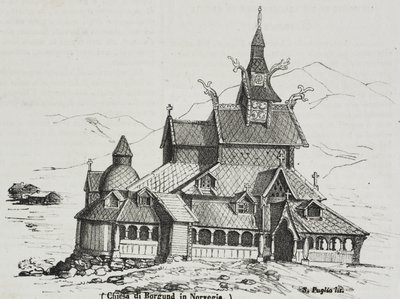 Borgund Stavkirke, Norge, litografi af Salvatore Puglia fra Poliorama Pittoresco, n 40, 14. maj af Salvatore Puglia