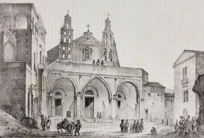 Facade af katedralen i Sessa Aurunca, Campania, Italien, litografi af Salvatore Puglia efter tegning af Pasquale Mattei (1813-1879) fra Poliorama Pittoresco, n 42, 24. maj af Salvatore Puglia