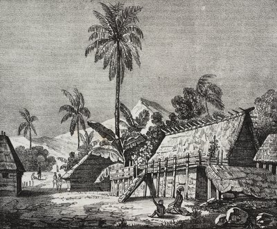 House of Queen of Noukahiva Island (i dag Nuku Hiva), Marquesas Islands, Fransk Polynesien, litografi af Salvatore Puglia fra Poliorama Pittoresco, n 37, april af Salvatore Puglia