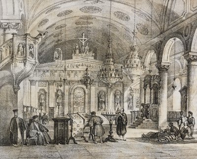 Interiør af den græske kirke Baloukli, nær Konstantinopel, Tyrkiet, litografi af Salvatore Puglia fra Poliorama Pittoresco, nr. 28, 15. februar af Salvatore Puglia
