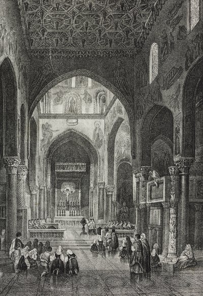 Interiør af Palatine Chapel i Palazzo dei Normanni eller Royal Palace i Palermo, Sicilien, Italien, litografi af Salvatore Puglia fra Poliorama Pittoresco, n 41, 21. maj af Salvatore Puglia