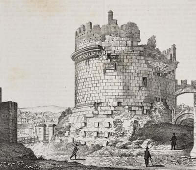 Mausoleet af Cecilia Metella på Via Appia, Rom, Lazio, Italien, litografi af Salvatore Puglia fra Poliorama Pittoresco, n 20, 21 december af Salvatore Puglia