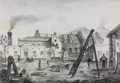 Kongelig mekanisk fabrik (Royal Mechanical Factory) i Pietrarsa, Campania, Italien, litografi af Gaetano Riccio fra Poliorama Pittoresco, n 39, 7. maj af Salvatore Puglia
