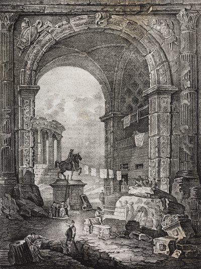 Romerske ruiner, maleri af Hubert Robert (1733-1808), litografi af Salvatore Puglia fra Poliorama Pittoresco, n 28, 17. februar af Salvatore Puglia