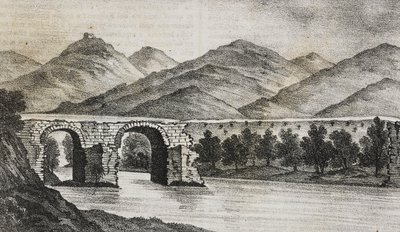 Den knækkede bro nær Capua, Campania, Italien, litografi af Salvatore Puglia fra Poliorama Pittoresco, n 23, 13. januar af Salvatore Puglia