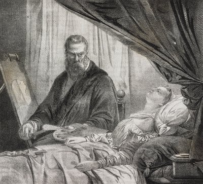 Tintoretto maler sin døde datter, litografi af Salvatore Puglia fra Poliorama Pittoresco, n 27, 10 februar af Salvatore Puglia