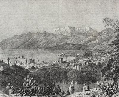 Udsigt over Beirut og Mount Lebanon rækken, Libanon, litografi af Salvatore Puglia fra Poliorama Pittoresco, n 8, 1. oktober af Salvatore Puglia